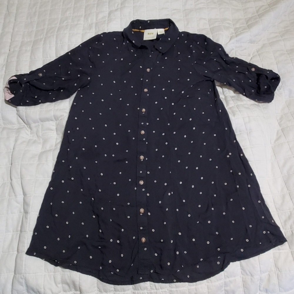 Maeve Anthropologie Tunic Top Shirt Small Navy Dots Button Down Monika Modal